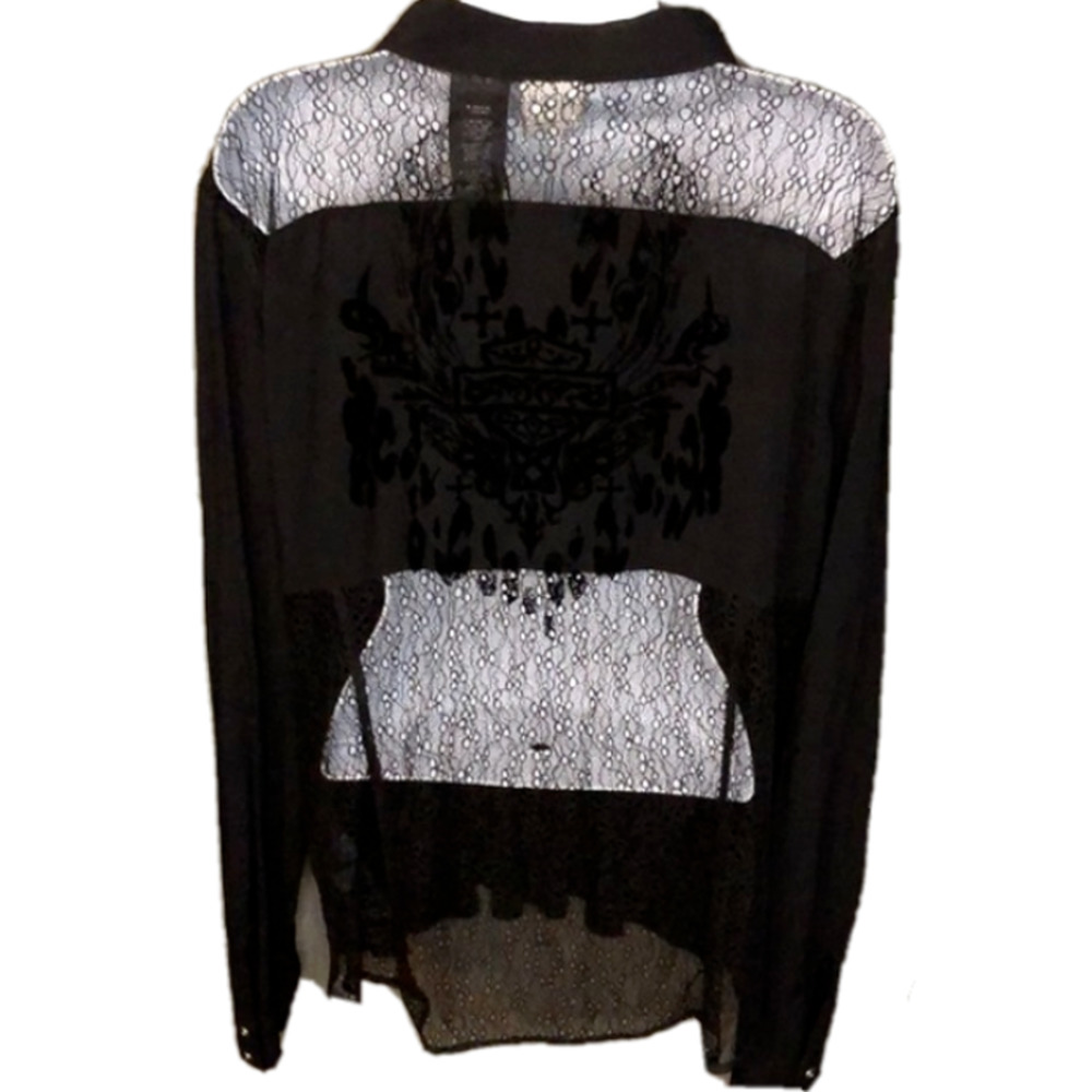 Harley-Davidson Black Semi-Sheer Eyelet Lace Velvet Logo V-Neck Button-Down Top